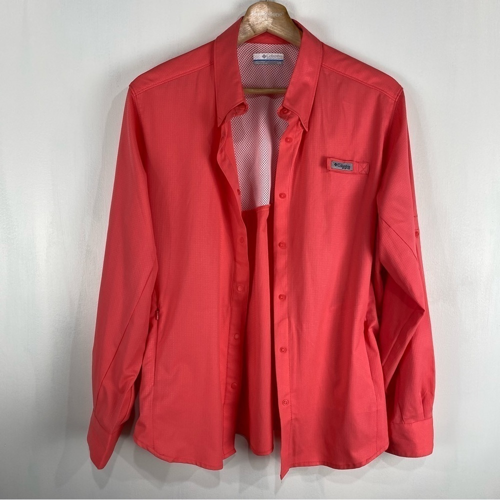 Columbia: PFG Outdoor Full Snap Up Down Windbreaker Jacket Coral Size Large